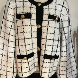 Marled Black and White Grid Tweed Cardigan with Gold Buttons